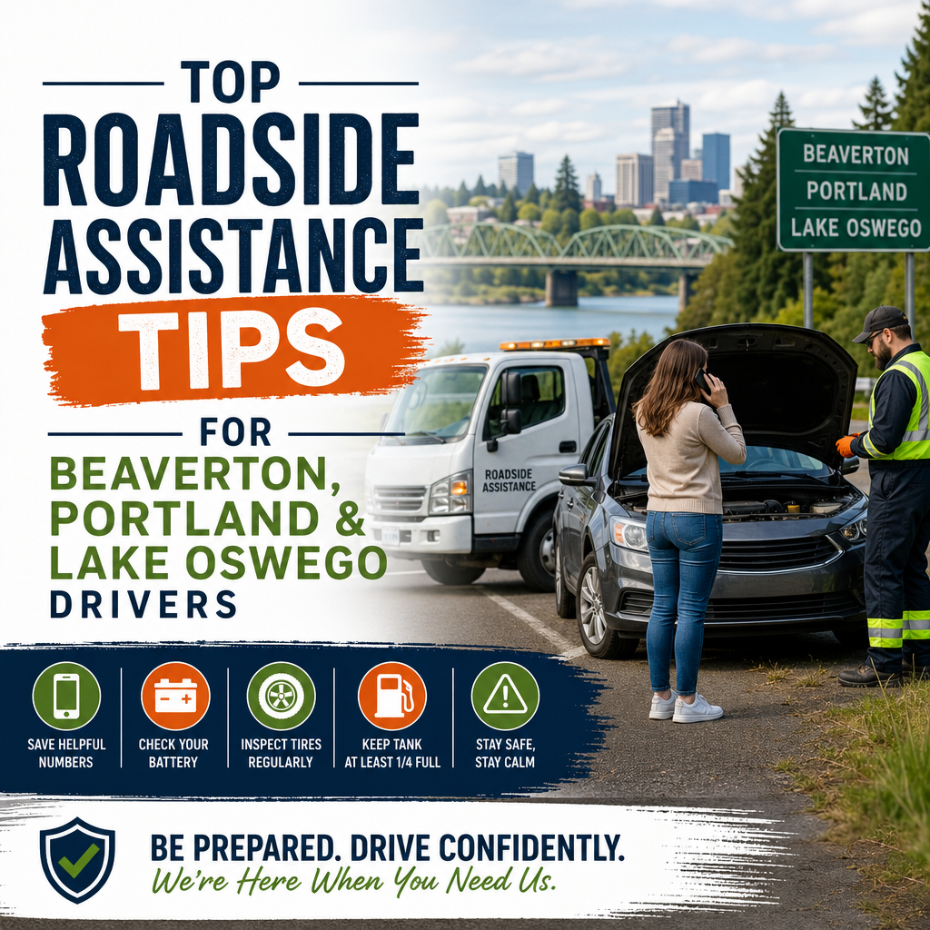 Illustration of Top Roadside Assistance Tips for Beaverton, Portland & Lake Oswego Drivers